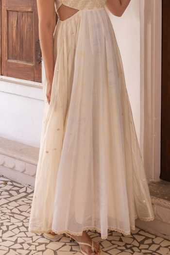 Label Nimbus_Ivory Cotton, Chanderi V-neck Tie Dye Waist-cut Maxi Dress _Online_at_Aza_Fashions