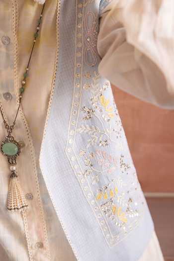 Label Nimbus_Blue Cotton, Kota Doria, Chanderi, Ice Melt Embroidered Jacket Dhoti Pant Set _Online_at_Aza_Fashions