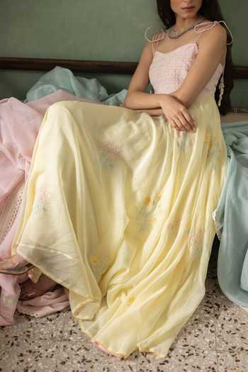 Shop_Label Nimbus_Yellow Cotton, Chanderi Sweetheart Lemon Icy Embroidered Spaghetti Maxi Dress _Online_at_Aza_Fashions