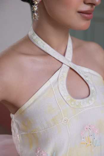 Buy_Label Nimbus_Ivory Chanderi, Organza Halter Neck, Yes Tie And Dye Kurta Sharara Set _Online_at_Aza_Fashions