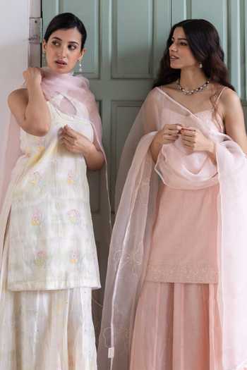 Label Nimbus_Ivory Chanderi, Organza Halter Neck, Yes Tie And Dye Kurta Sharara Set _at_Aza_Fashions