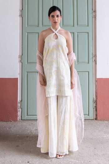 Shop_Label Nimbus_Ivory Chanderi, Organza Halter Neck, Yes Tie And Dye Kurta Sharara Set 