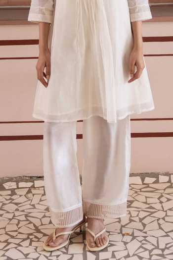 Label Nimbus_Ivory Chanderi, Cotton Satin Split V-neck Embroidered Yoke Kurta And Pant Set _Online_at_Aza_Fashions