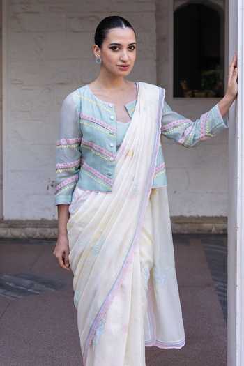Label Nimbus_Off White Silk, Cotton, Chanderi Open Neck Tie And Dye Saree Set With Jacket _Online_at_Aza_Fashions