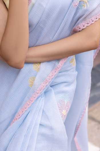 Label Nimbus_Blue Cotton, Silk Halter Neck Ice Melt Saree With Lemon Icy Blouse _Online_at_Aza_Fashions