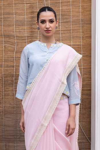 Shop_Label Nimbus_Pink Chanderi, Silk, Cotton Mandarin Collar Saree With Embroidered Blouse _Online_at_Aza_Fashions
