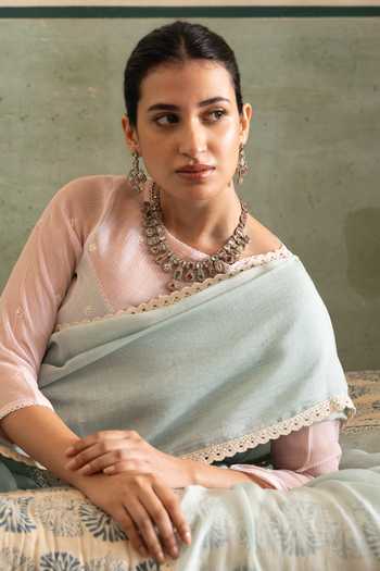 Shop_Label Nimbus_Green Chanderi, Silk, Cotton Bandeau Neck Saree Set With Embroidered Jacket _Online_at_Aza_Fashions