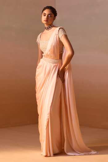 Nitika Gujral_Peach Satin, Net Square Neck Pre-draped Saree With Blouse _Online_at_Aza_Fashions
