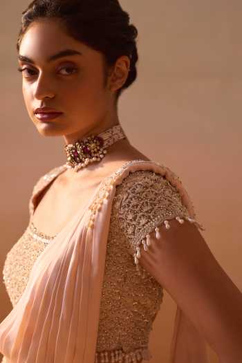 Buy_Nitika Gujral_Peach Satin, Net Square Neck Pre-draped Saree With Blouse _Online_at_Aza_Fashions