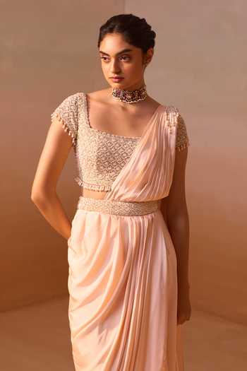 Shop_Nitika Gujral_Peach Satin, Net Square Neck Pre-draped Saree With Blouse _Online_at_Aza_Fashions
