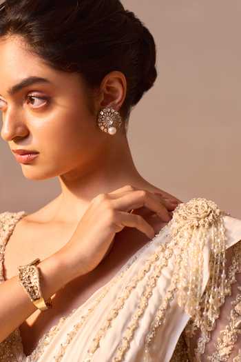 Shop_Nitika Gujral_Ivory Satin, Net V-neck Pre-draped Saree With Embroidered Blouse _Online_at_Aza_Fashions