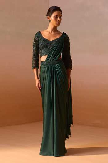 Nitika Gujral_Green Satin, Net V-neck Pre-draped Saree With Embroidered Blouse _Online_at_Aza_Fashions