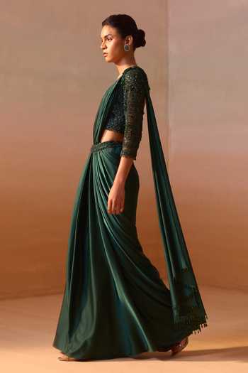 Buy_Nitika Gujral_Green Satin, Net V-neck Pre-draped Saree With Embroidered Blouse _Online_at_Aza_Fashions