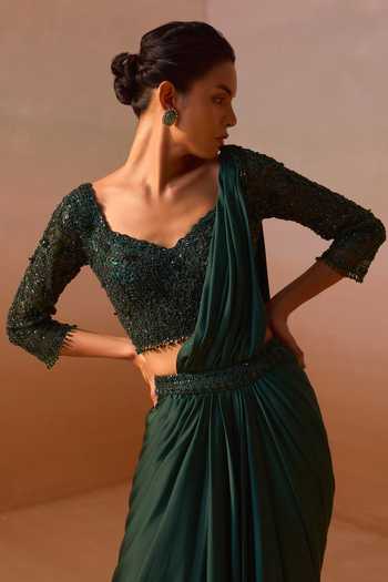 Shop_Nitika Gujral_Green Satin, Net V-neck Pre-draped Saree With Embroidered Blouse _Online_at_Aza_Fashions