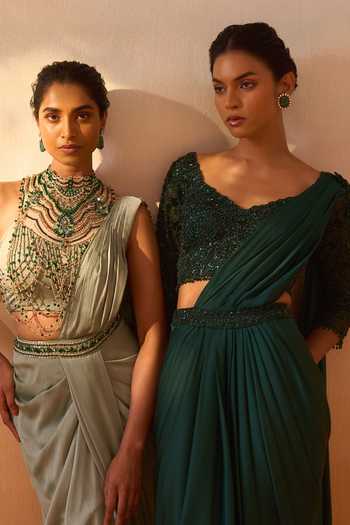 Nitika Gujral_Green Satin, Net V-neck Pre-draped Saree With Embroidered Blouse _at_Aza_Fashions