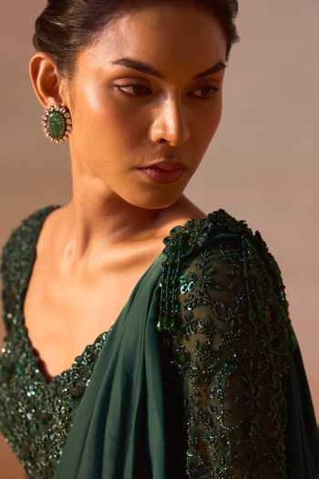 Buy_Nitika Gujral_Green Satin, Net V-neck Pre-draped Saree With Embroidered Blouse 