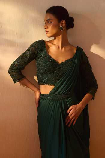 Shop_Nitika Gujral_Green Satin, Net V-neck Pre-draped Saree With Embroidered Blouse 