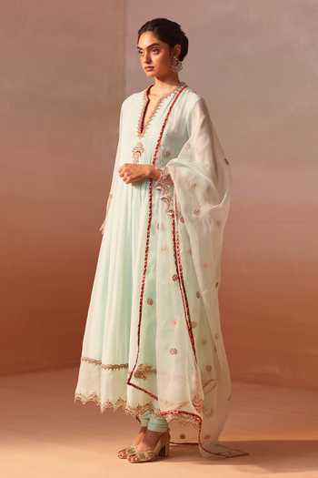 Nitika Gujral_Green Organza, Georgette, Lycra V-neck Embroidered Anarkali Set _Online_at_Aza_Fashions