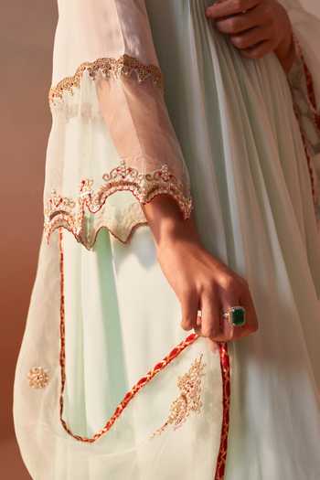 Buy_Nitika Gujral_Green Organza, Georgette, Lycra V-neck Embroidered Anarkali Set _Online_at_Aza_Fashions
