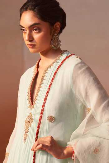 Shop_Nitika Gujral_Green Organza, Georgette, Lycra V-neck Embroidered Anarkali Set _Online_at_Aza_Fashions