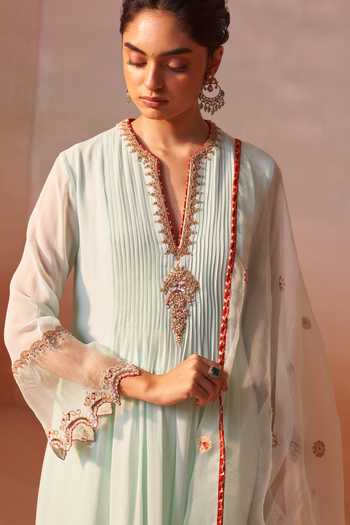 Nitika Gujral_Green Organza, Georgette, Lycra V-neck Embroidered Anarkali Set _at_Aza_Fashions