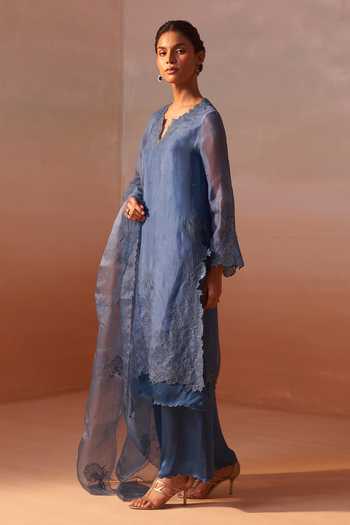 Nitika Gujral Blue Organza, Satin V-neck, Yes Tonal Embroidered Kurta Set Online at Aza Fashions Nitika Gujral_Blue Organza, Satin V-neck, Yes Tonal Embroidered Kurta Set _Online_at_Aza_Fashions