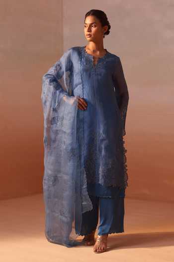 Buy Nitika Gujral Blue Organza, Satin V-neck, Yes Tonal Embroidered Kurta Set Online at Aza Fashions Buy_Nitika Gujral_Blue Organza, Satin V-neck, Yes Tonal Embroidered Kurta Set _Online_at_Aza_Fashions