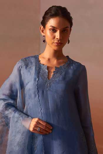 Shop Nitika Gujral Blue Organza, Satin V-neck, Yes Tonal Embroidered Kurta Set Online at Aza Fashions Shop_Nitika Gujral_Blue Organza, Satin V-neck, Yes Tonal Embroidered Kurta Set _Online_at_Aza_Fashions