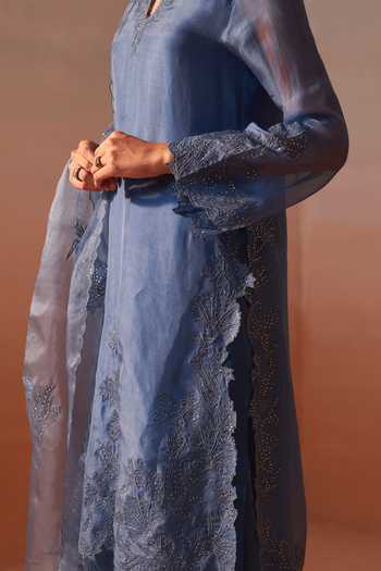 Nitika Gujral Blue Organza, Satin V-neck, Yes Tonal Embroidered Kurta Set at Aza Fashions Nitika Gujral_Blue Organza, Satin V-neck, Yes Tonal Embroidered Kurta Set _at_Aza_Fashions