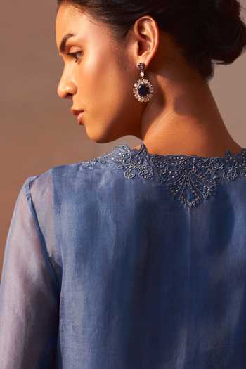 Buy Nitika Gujral Blue Organza, Satin V-neck, Yes Tonal Embroidered Kurta Set Buy_Nitika Gujral_Blue Organza, Satin V-neck, Yes Tonal Embroidered Kurta Set