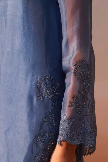 Shop Nitika Gujral Blue Organza, Satin V-neck, Yes Tonal Embroidered Kurta Set Shop_Nitika Gujral_Blue Organza, Satin V-neck, Yes Tonal Embroidered Kurta Set