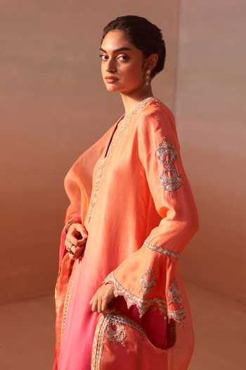Nitika Gujral Orange Silk, Organza, Dupion V-neck Carrot Embellished Ombre Kurta Set Online at Aza Fashions Nitika Gujral_Orange Silk, Organza, Dupion V-neck Carrot Embellished Ombre Kurta Set _Online_at_Aza_Fashions