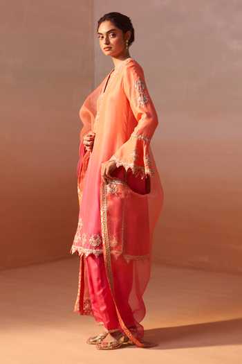 Shop Nitika Gujral Orange Silk, Organza, Dupion V-neck Carrot Embellished Ombre Kurta Set Online at Aza Fashions Shop_Nitika Gujral_Orange Silk, Organza, Dupion V-neck Carrot Embellished Ombre Kurta Set _Online_at_Aza_Fashions