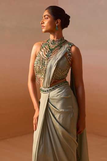 Nitika Gujral Green Satin, Net Choker Neck Pre-draped Saree With Jeweled Blouse Online at Aza Fashions Nitika Gujral_Green Satin, Net Choker Neck Pre-draped Saree With Jeweled Blouse _Online_at_Aza_Fashions