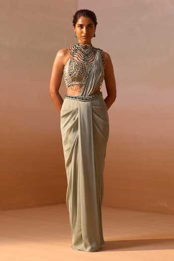 Nitika Gujral Pre-Draped Saree With Jeweled Neck Blouse 