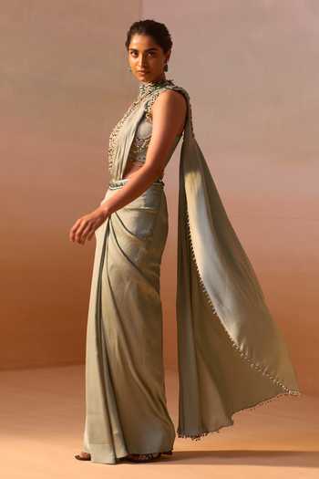 Buy Nitika Gujral Green Satin, Net Choker Neck Pre-draped Saree With Jeweled Blouse Online at Aza Fashions Buy_Nitika Gujral_Green Satin, Net Choker Neck Pre-draped Saree With Jeweled Blouse _Online_at_Aza_Fashions