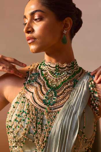 Shop Nitika Gujral Green Satin, Net Choker Neck Pre-draped Saree With Jeweled Blouse Online at Aza Fashions Shop_Nitika Gujral_Green Satin, Net Choker Neck Pre-draped Saree With Jeweled Blouse _Online_at_Aza_Fashions