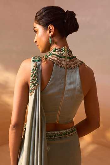 Nitika Gujral Green Satin, Net Choker Neck Pre-draped Saree With Jeweled Blouse at Aza Fashions Nitika Gujral_Green Satin, Net Choker Neck Pre-draped Saree With Jeweled Blouse _at_Aza_Fashions