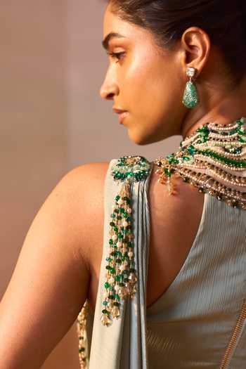 Buy Nitika Gujral Green Satin, Net Choker Neck Pre-draped Saree With Jeweled Blouse Buy_Nitika Gujral_Green Satin, Net Choker Neck Pre-draped Saree With Jeweled Blouse