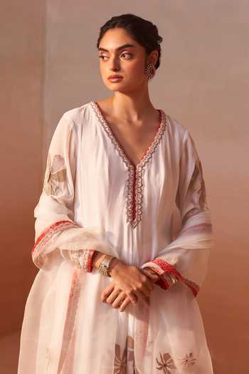 Buy_Nitika Gujral_White Georgette, Net Embroidery V-neck Embellished Anarkali Palazzo Set _Online_at_Aza_Fashions