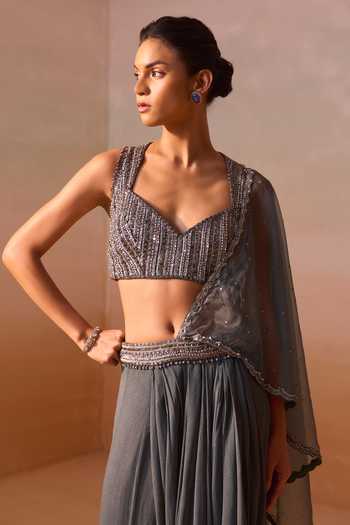 Nitika Gujral_Grey Georgette, Net Halter Shimmer Draped Skirt Saree With Embroidered Blouse _Online_at_Aza_Fashions