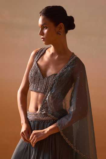 Buy_Nitika Gujral_Grey Georgette, Net Halter Shimmer Draped Skirt Saree With Embroidered Blouse _Online_at_Aza_Fashions
