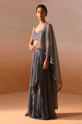 Shop_Nitika Gujral_Grey Georgette, Net Halter Shimmer Draped Skirt Saree With Embroidered Blouse _Online_at_Aza_Fashions