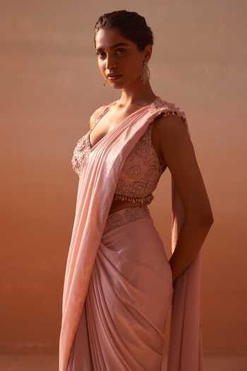 Nitika Gujral_Pink Organza, Satin Halter Neck Pre-draped Saree With Embroidered Blouse _Online_at_Aza_Fashions