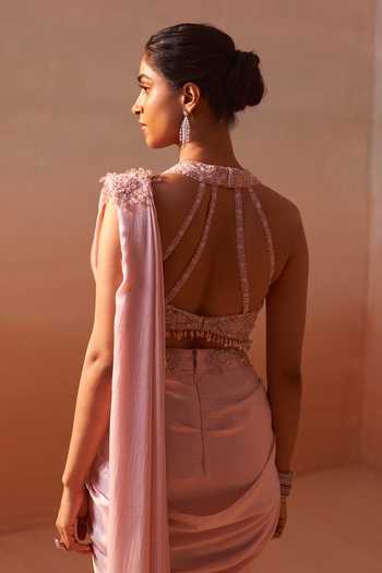 Buy_Nitika Gujral_Pink Organza, Satin Halter Neck Pre-draped Saree With Embroidered Blouse _Online_at_Aza_Fashions