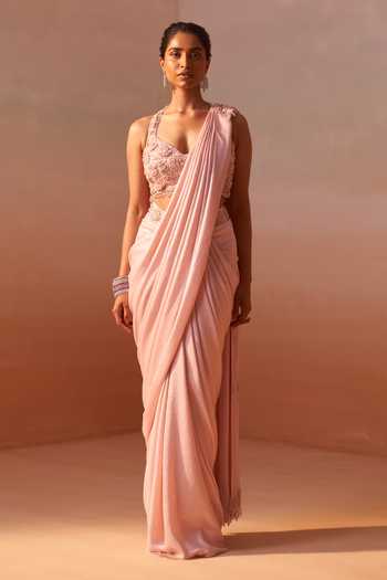Shop_Nitika Gujral_Pink Organza, Satin Halter Neck Pre-draped Saree With Embroidered Blouse _Online_at_Aza_Fashions