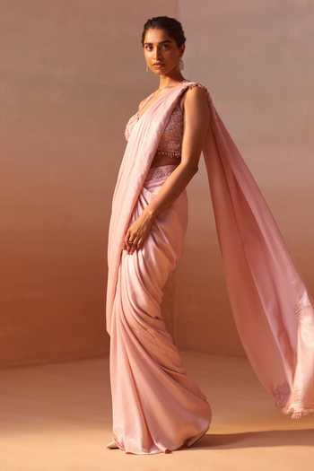 Nitika Gujral_Pink Organza, Satin Halter Neck Pre-draped Saree With Embroidered Blouse _at_Aza_Fashions