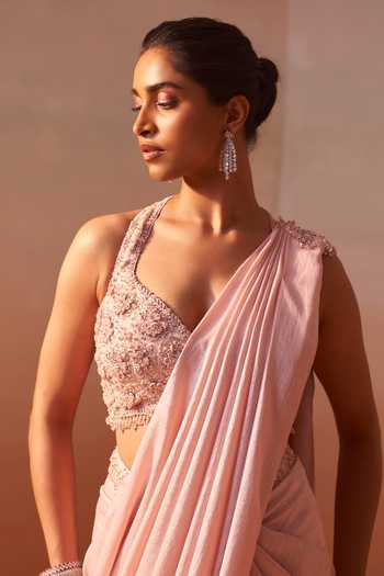Buy_Nitika Gujral_Pink Organza, Satin Halter Neck Pre-draped Saree With Embroidered Blouse 