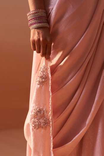 Shop_Nitika Gujral_Pink Organza, Satin Halter Neck Pre-draped Saree With Embroidered Blouse 