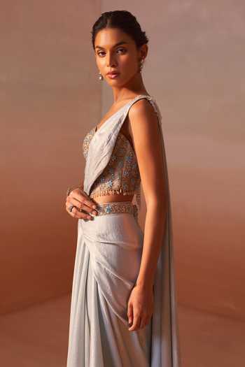 Nitika Gujral_Blue Satin, Net Sweetheart Neck Shimmer Pre-draped Saree With Blouse _Online_at_Aza_Fashions